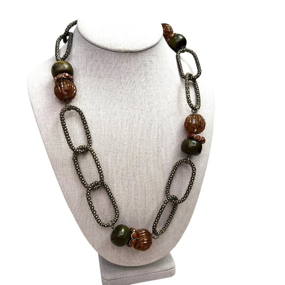 Chunky Earthy Beaded Link Statement Necklace Olive Green Brown Gold Tone - Picture 1 of 6